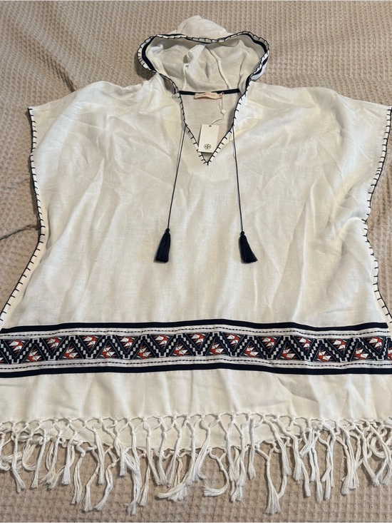 Tory Burch Tops - Tory Burch Ivory Hooded Tunic with Navy & Rust Embroidery